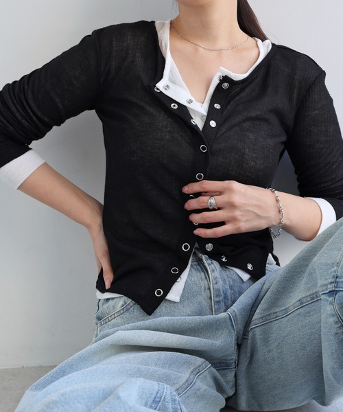 Freesia tシャツ シアーテレコリブ長袖カーディガン レディース