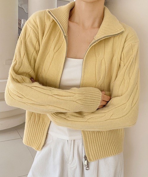 LOWO ニット セーター フロントジップアップ ハイネック ニット