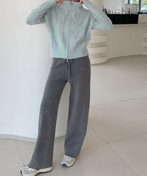 グレー ハイネック セーター フロントジッパー付き LOWO ニット セーター フロントジップアップ ハイネック ニット