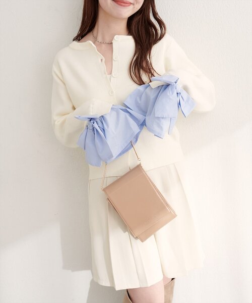 natural couture カーディガン 袖口リボンクルーネックカーデ