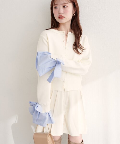 natural couture カーディガン 袖口リボンクルーネックカーデ