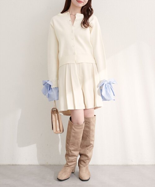 natural couture カーディガン 袖口リボンクルーネックカーデ