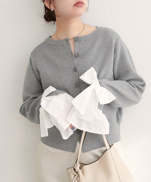 natural couture カーディガン 袖口リボンクルーネックカーデ
