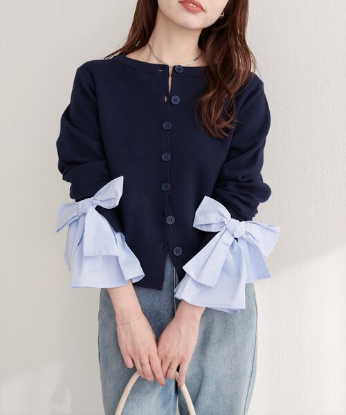 【新品タグ付き】袖口リボンクルーネックカーデ　カーディガン　ナチュ natural couture カーディガン 袖口リボンクルーネックカーデ