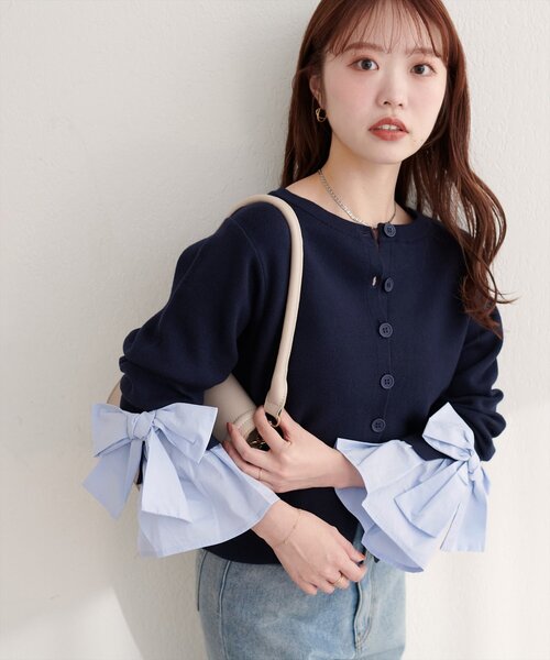natural couture カーディガン 袖口リボンクルーネックカーデ