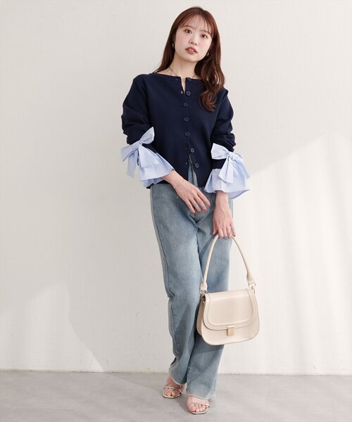natural couture カーディガン 袖口リボンクルーネックカーデ