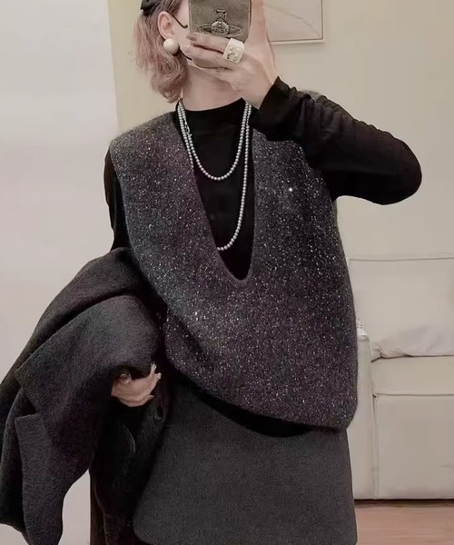 ベスト ジレ キラキラスパンコールニットベスト レディース : ZOZOTOWN