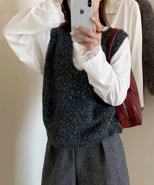 ベスト ジレ キラキラスパンコールニットベスト レディース : ZOZOTOWN