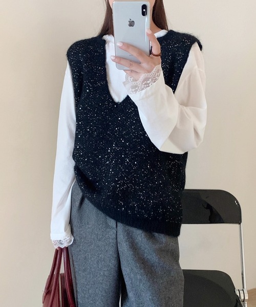 ベスト ジレ キラキラスパンコールニットベスト レディース : ZOZOTOWN