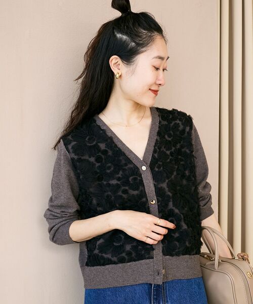 le.coeur blanc　チュール刺繍Vネックカーディガン 手洗い可能》チュール刺繍Vネックカーディガン/le.coeur blanc