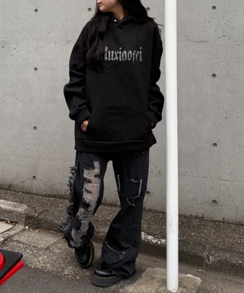 00's RECON フロントプリントパーカー　ブラック　裏起毛　7AS12 lilful パーカー 裏起毛フロントロゴバックプリントパーカー メンズ