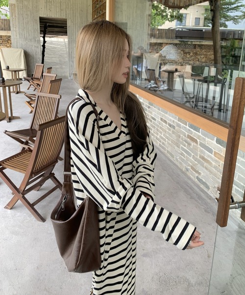 FAVORITO ワンピース スリット襟付き＆袖ボーダー柄ワンピース