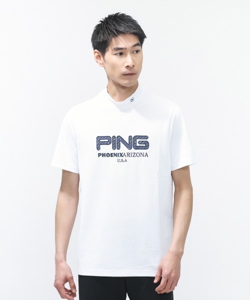 PING メンズ L ホワイト インナーシャツ　新品 PING（ピン） tシャツ アップリケ半袖ハイネックシャツ メンズ