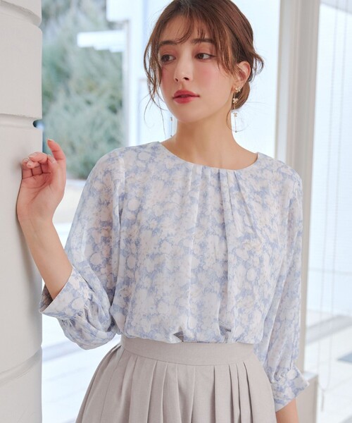 Tiaclasse ブラウス シャツ 水彩花柄シフォンブラウス レディース