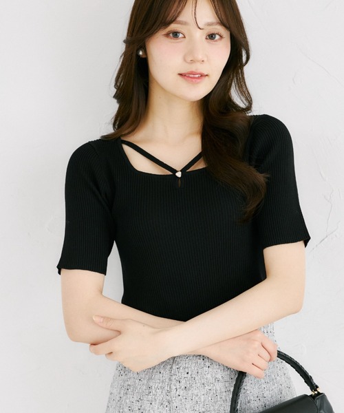 tシャツ 「ZOZO限定」接触冷感パールビジューネックリブトップス レディース