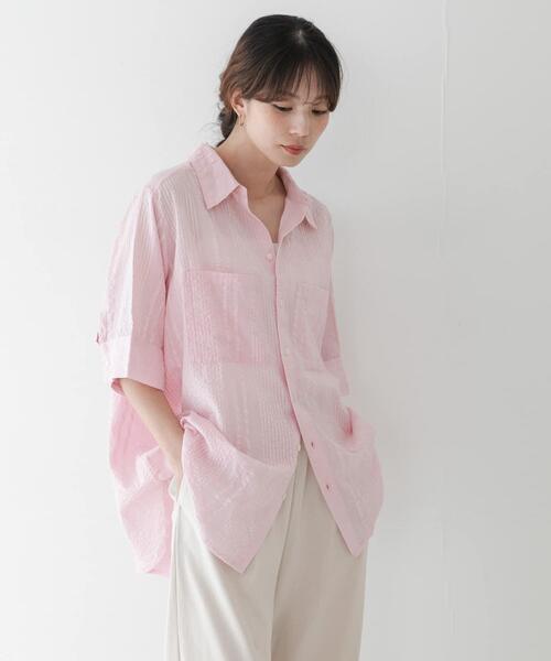 OWNER 半袖ストレッチシャツ ホワイト/ピンク URBAN RESEARCH Sonny Label ブラウス シャツ 半袖 コットンサッカー