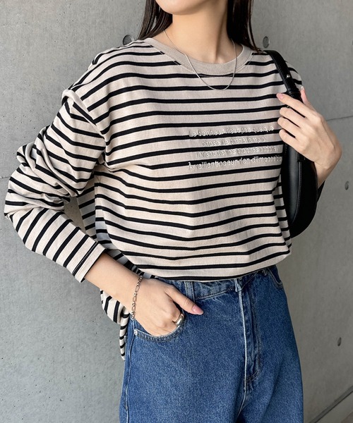 andme tシャツ 無地/ボーダーエンブロイダリーロゴ長袖Tシャツ