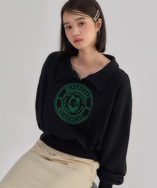 トレーナー スウェット A'GEM/9 × .kom「muah muah/ムーアムーア」 CALLAR CROP SWEATSHIRTS/カラー クロ