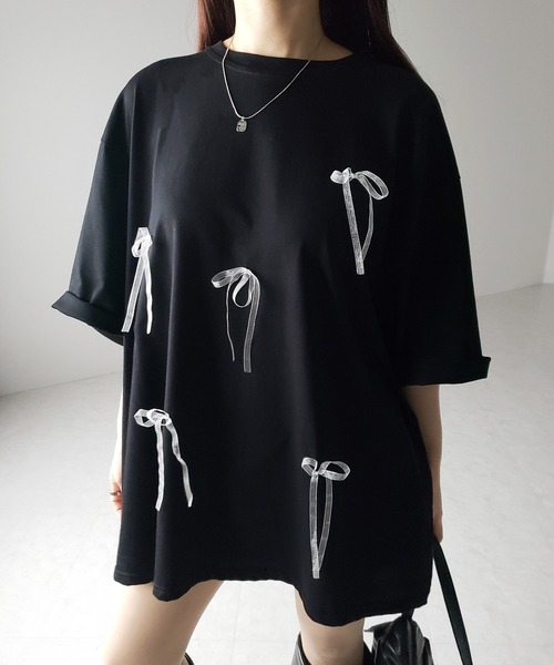 MiDio m³ リボン付きローズシャツ me+em select tシャツ 「 3color 」シアーリボンバレエコア