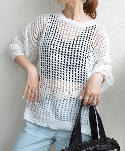 styiro ニット セーター 透かし編みニット メッシュプルオーバー