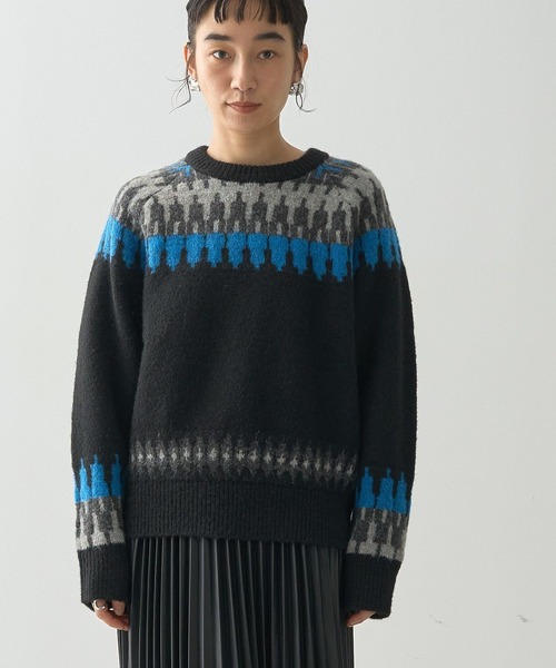 MADISON BLUE / マディソンブルー | NORDIC SWEATER / アルパカ ウール ノルディック ニット セーター | 01(S) | グレー/ブラック | レディース mysty woman（ミスティウーマン） ニット セーター モヘヤタッチ