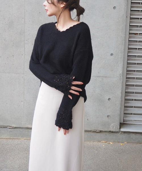 ニット セーター crochet v neck lib knit /袖口 かぎ編み Vネック