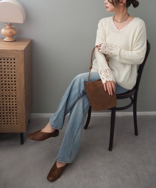 ニット セーター crochet v neck lib knit /袖口 かぎ編み Vネック リブ ニット レディース ニット セーター crochet v neck lib knit /袖口 かぎ編み V