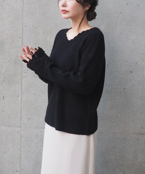 ニット セーター crochet v neck lib knit /袖口 かぎ編み Vネック リブ ニット レディース ニット セーター crochet v neck lib knit /袖口 かぎ編み V