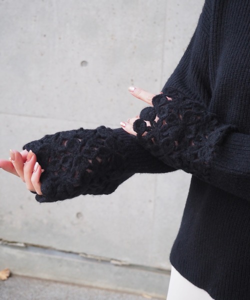 ニット セーター crochet v neck lib knit /袖口 かぎ編み Vネック リブ ニット レディース ニット セーター crochet v neck lib knit /袖口 かぎ編み V