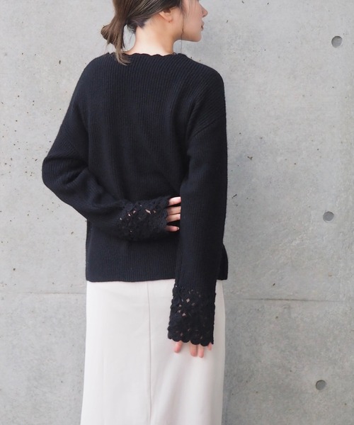 ニット セーター crochet v neck lib knit /袖口 かぎ編み Vネック リブ ニット レディース ニット セーター crochet v neck lib knit /袖口 かぎ編み V