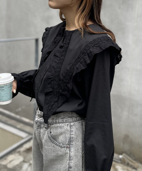 期間限定値下げ‼️サイズ38ブラウス w closet ブラウス シャツ レースBIG衿ブラウス レディース