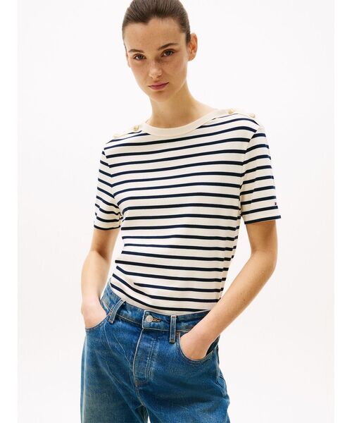 tシャツ ゴールドボタンクルーネックトップス レディース