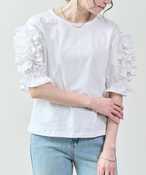 tシャツ フリルモチーフスリーブトップス レディース