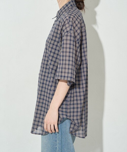 ブラウス シャツ フリルカラーチェック柄シアー半袖ブラウス レディース hinari ブラウス シャツ シアーチェックフリルカラーブラウス