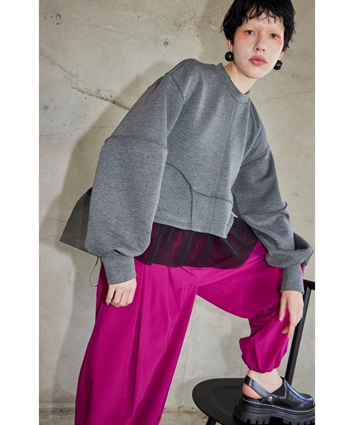 トレーナー スウェット SHIRRING TULLE DOCKING SWEAT レディース OMMO トレーナー スウェット MESH DOCKING WAVE TOP レディース