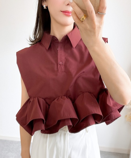 ブラウス シャツ フリルスリーブタックペプラムブラウス レディース Fit more ブラウス シャツ 袖フリルギンガムペプラムブラウス