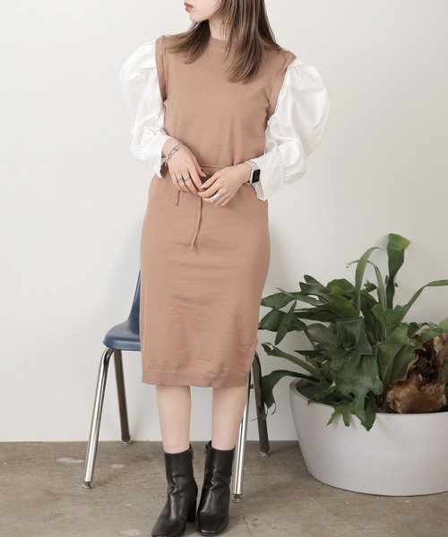 ROOP TOKYO ワンピース シャツドッキングニットワンピース 袖ギャザー