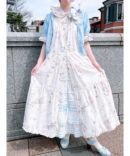 ピンクハウス✨さざ波とねこフリルロングワンピース PINK HOUSE（ピンクハウス） ワンピース さざ波とねこプリント