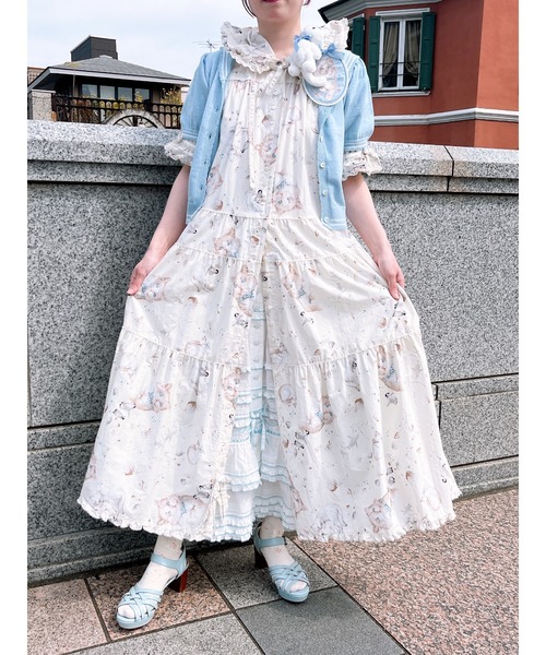 ピンクハウス さざ波とねこミディワンピース アイボリー