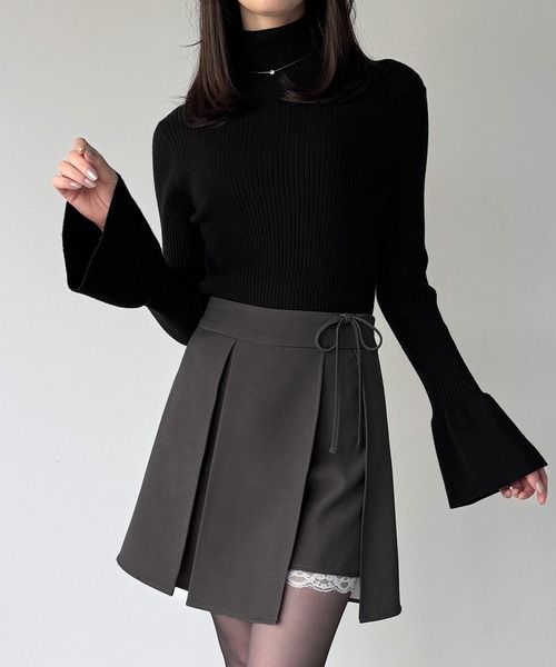 JUNOAH（ジュノア） スカート サイドリボンラップ風プリーツレース