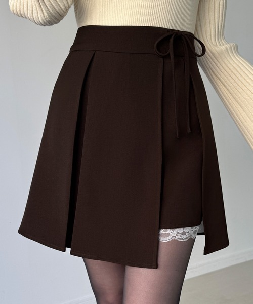 JUNOAH（ジュノア） スカート サイドリボンラップ風プリーツレース