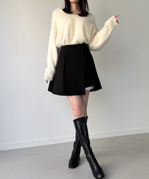 JUNOAH（ジュノア） スカート サイドリボンラップ風プリーツレース