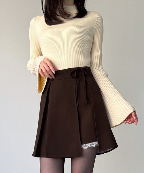JUNOAH（ジュノア） スカート サイドリボンラップ風プリーツレース