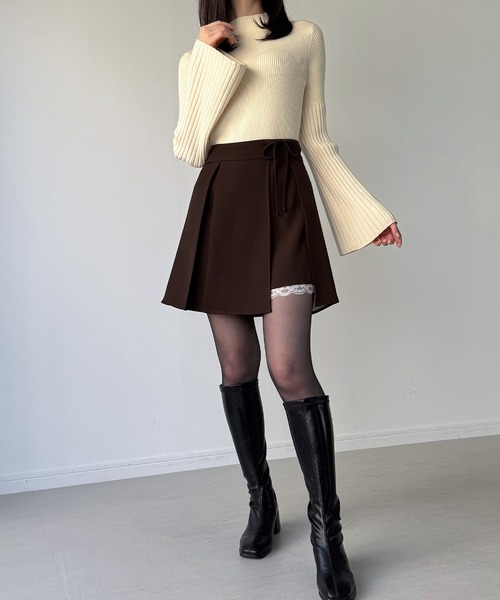 JUNOAH（ジュノア） スカート サイドリボンラップ風プリーツレース