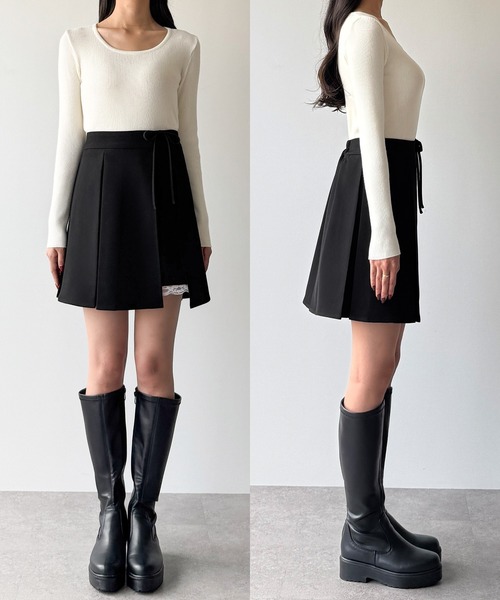 JUNOAH（ジュノア） スカート サイドリボンラップ風プリーツレース