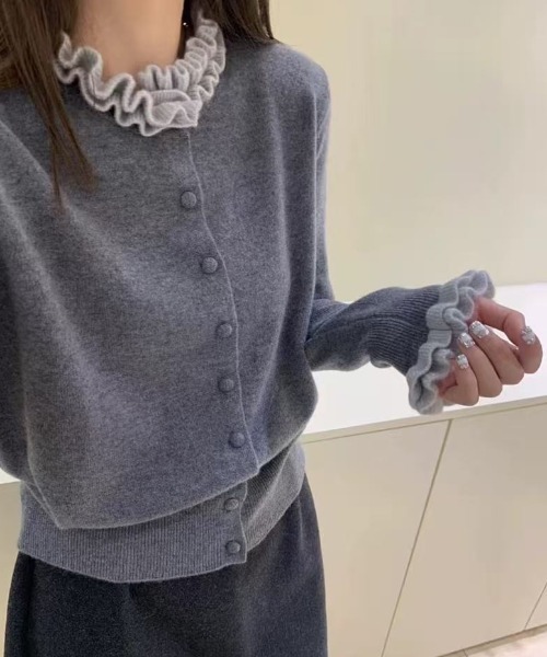 Diosfront カーディガン 配色フリルドッキングニットカーディガン