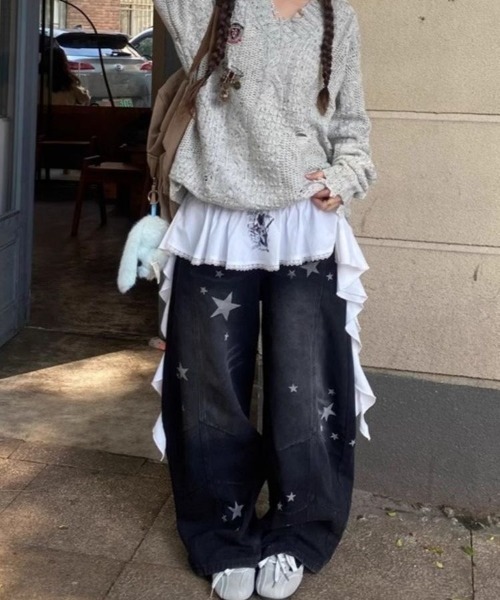 ViViDAY ワイドパンツ ジーンズ デニム デニムパンツ 星柄ワイドデニム