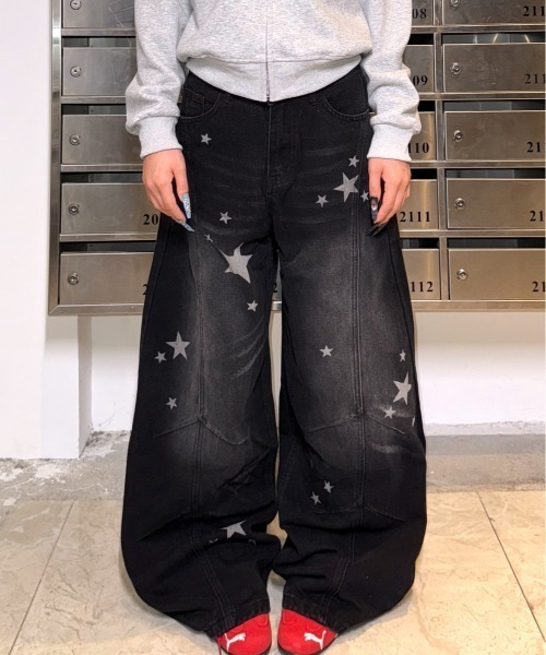 ViViDAY ワイドパンツ ジーンズ デニム デニムパンツ 星柄ワイドデニム