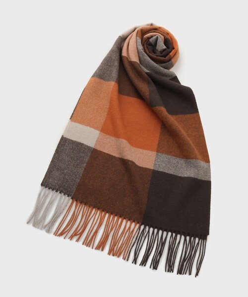 タケオキクチ　新品　メンズ　ピュアカシミアマフラー(ブロック/オレンジ) TAKEO KIKUCHI（タケオキクチ） マフラー 「洗えるウールカシミヤ