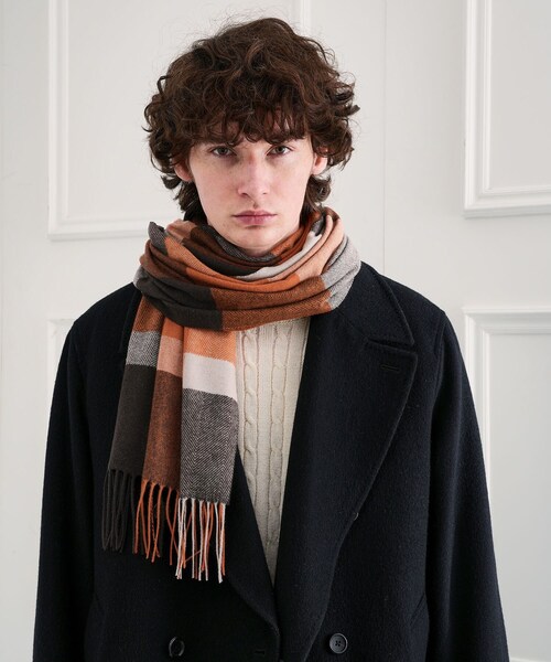 タケオキクチ　新品　メンズ　ピュアカシミアマフラー(ブロック/オレンジ) TAKEO KIKUCHI（タケオキクチ） マフラー 「洗えるウールカシミヤ